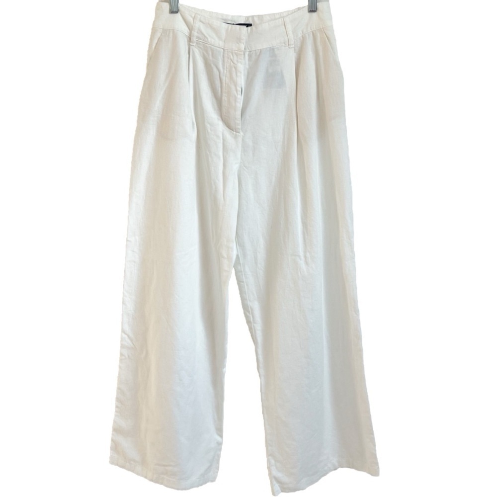 NWT Zara High Rise Pleated Wide Leg Cotton Pants Medium Pockets Solid White